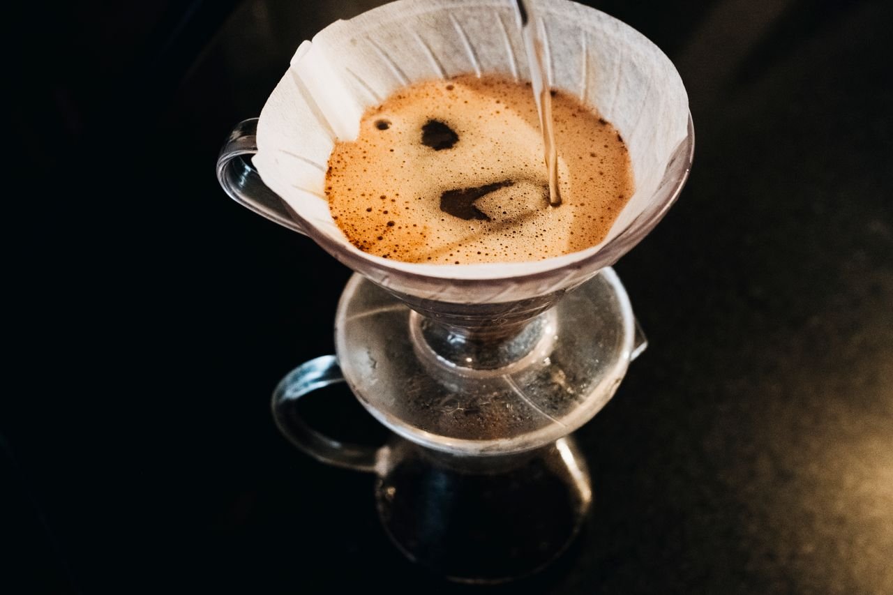Mastering the First Impression: Your intriguing post title goes here Top view of a pour-over coffee brewing process using a filter dripper set.